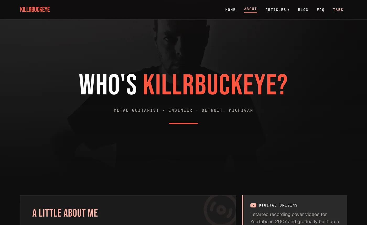The redesigned About page — condensed Bebas Neue display type, a single red accent, and the metal-guitarist / engineer / Detroit positioning carried over from the original.