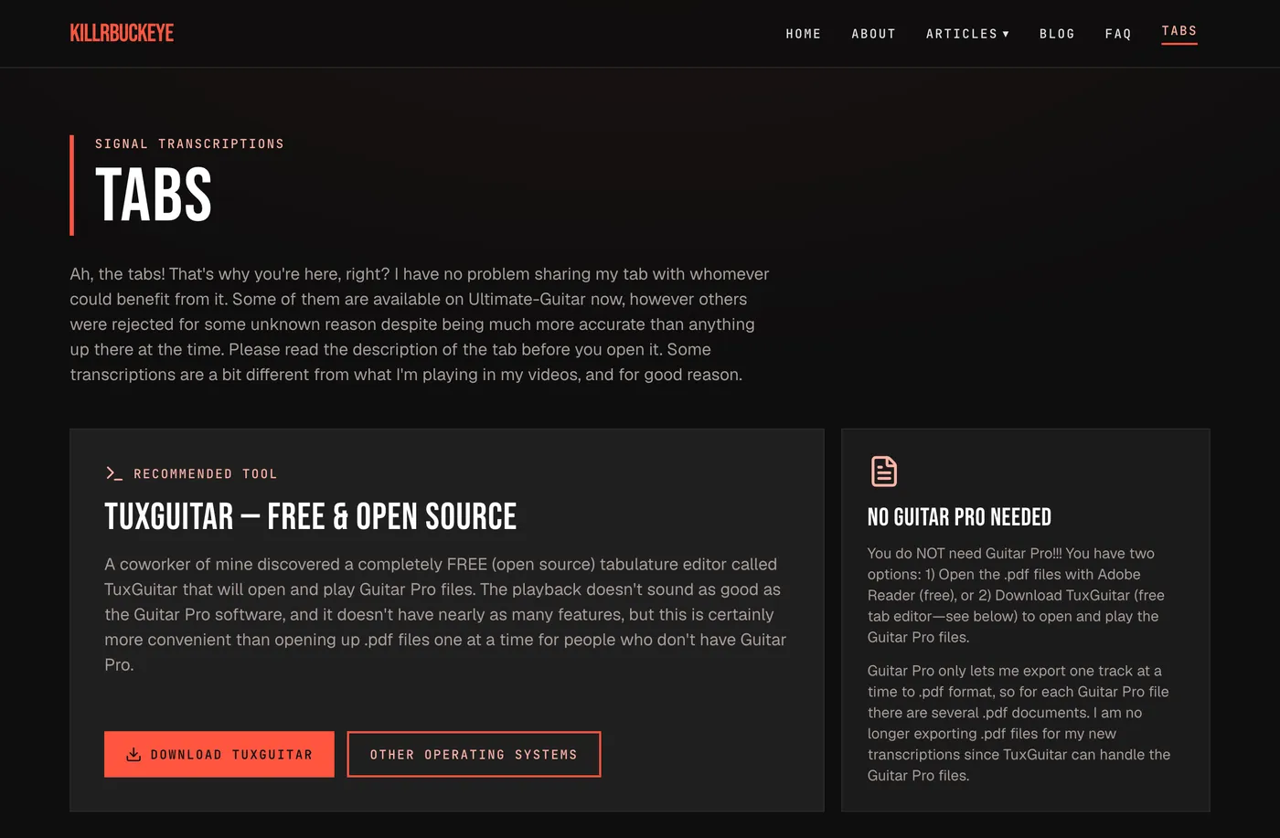 The Tabs page — the back-catalog archive, carried over intact with sharp red-outline buttons and monospace labels.