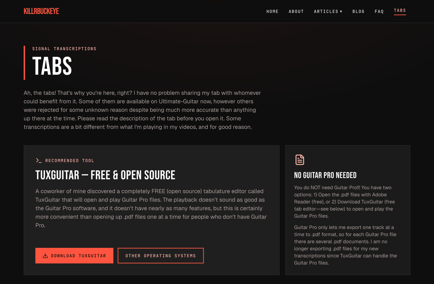 The Tabs page — the back-catalog archive, carried over intact with sharp red-outline buttons and monospace labels.